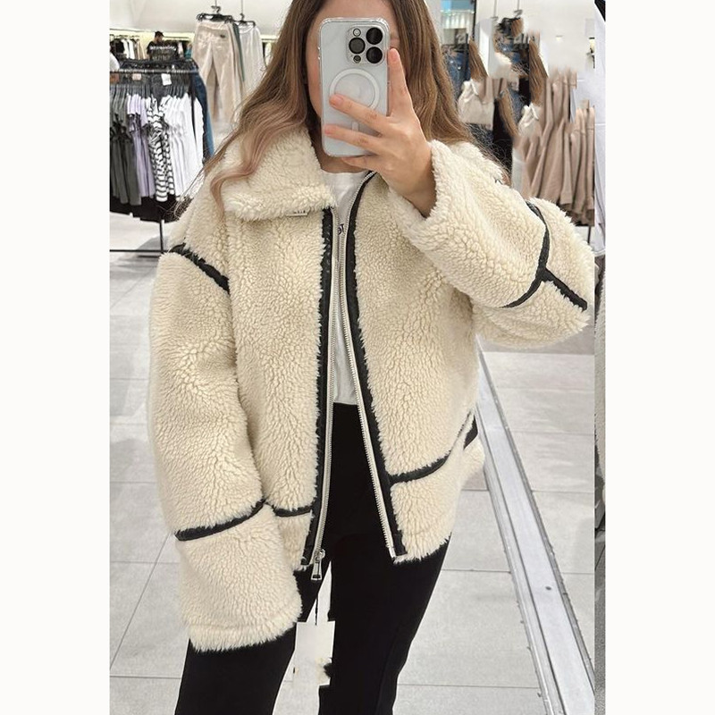 Malina Jachete cu mânecă lungă cu revere de iarnă pentru femei, la modă, haine calde de blană artificială, pentru femei, elegante, cu fermoar, pentru motocicliști.