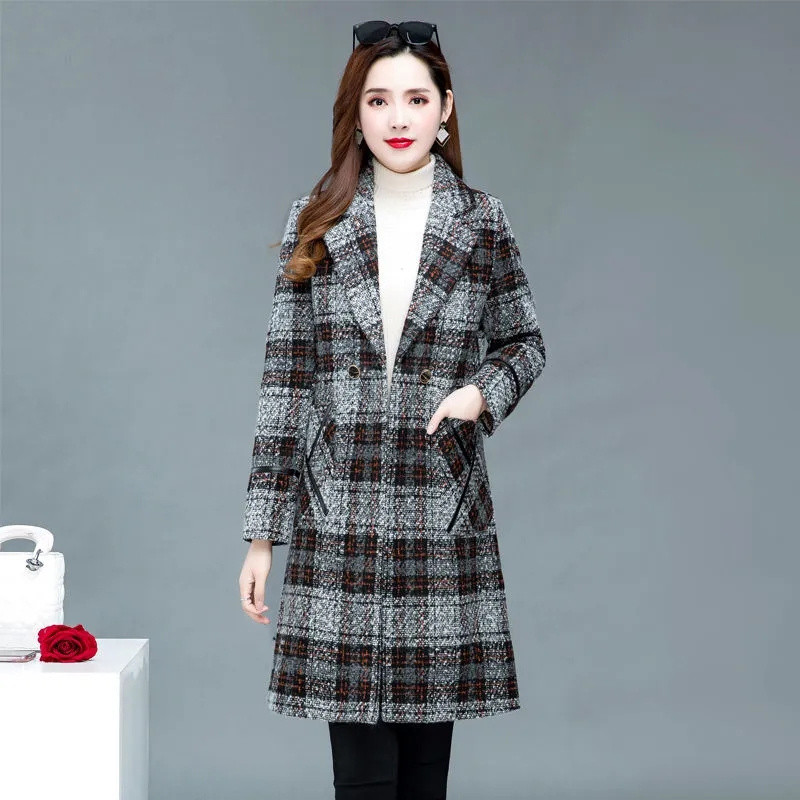 Palton de lână pentru femei 2023 NOU, toamnă iarnă, carouri, pardesiu lung, amestec de lână, îmbrăcăminte pentru femei, haine pentru mamă, bluze pentru femei