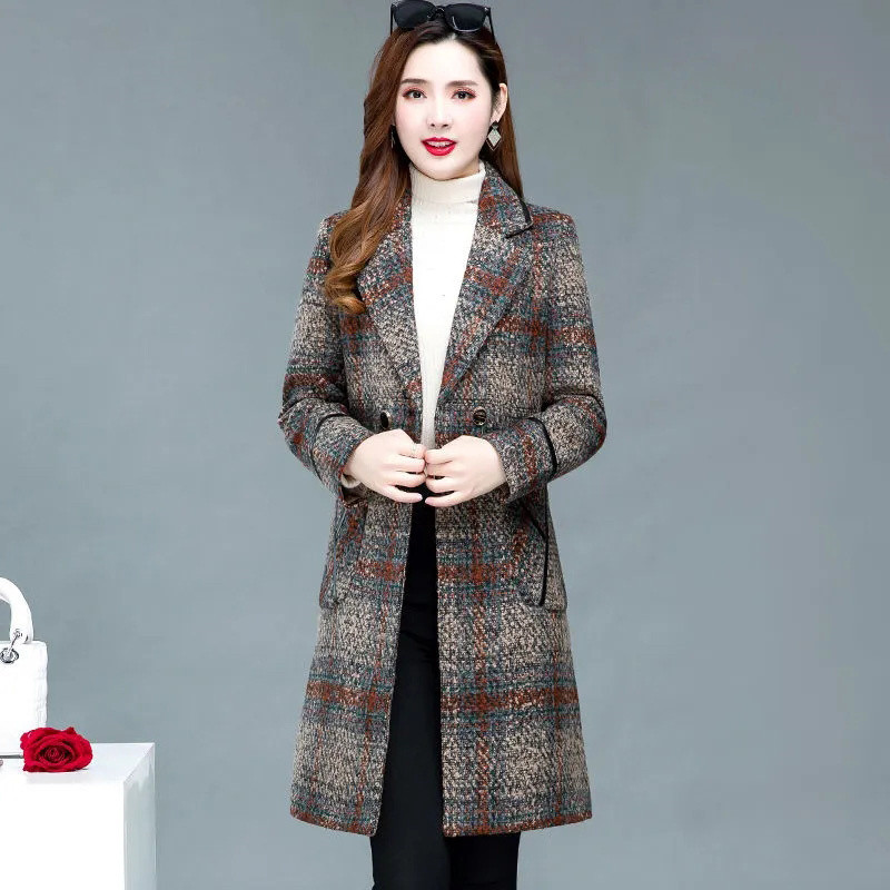 Palton de lână pentru femei 2023 NOU, toamnă iarnă, carouri, pardesiu lung, amestec de lână, îmbrăcăminte pentru femei, haine pentru mamă, bluze pentru femei