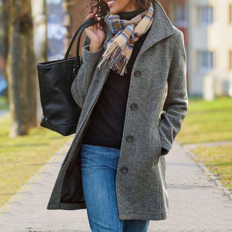 Sieviešu ziemas mētelis jaciņš, vienrindas vienkrāsains atloks ar garām piedurknēm silts, biezs, vidēja garuma sieviešu mētelis ikdienas valkāšanai