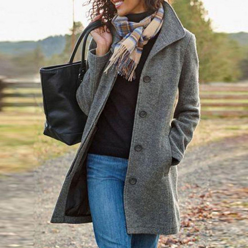 Sieviešu ziemas mētelis jaciņš, vienrindas vienkrāsains atloks ar garām piedurknēm silts, biezs, vidēja garuma sieviešu mētelis ikdienas valkāšanai