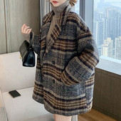 Sieviešu uzvalka mētelis 2020. gada rudenī un ziemā, jauns brīvs rūtains tvīds, vidēji un garš vilnas mētelis jakas tvīds Casual