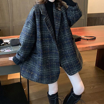 Sieviešu uzvalka mētelis 2020. gada rudenī un ziemā, jauns brīvs rūtains tvīds, vidēji un garš vilnas mētelis jakas tvīds Casual