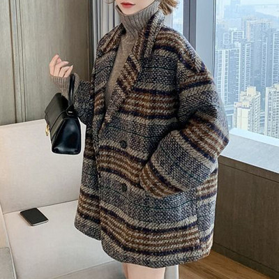 Sieviešu uzvalka mētelis 2020. gada rudenī un ziemā, jauns brīvs rūtains tvīds, vidēji un garš vilnas mētelis jakas tvīds Casual