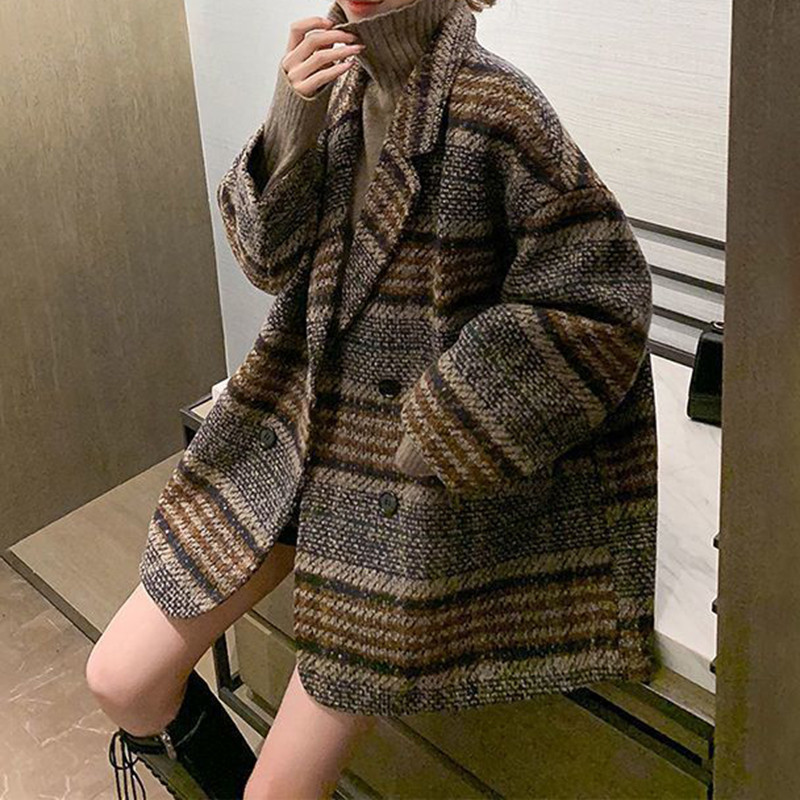 Sieviešu uzvalka mētelis 2020. gada rudenī un ziemā, jauns brīvs rūtains tvīds, vidēji un garš vilnas mētelis jakas tvīds Casual