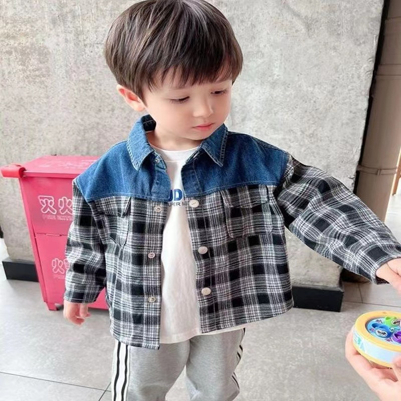 Jaunas zēnu jakas Džinsu rūtaini Bērnu Mēteļi Modes Bērnu Virsdrēbes Pavasaris Rudens 2023-014