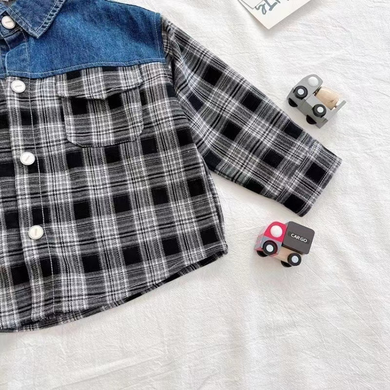 Jaunas zēnu jakas Džinsu rūtaini Bērnu Mēteļi Modes Bērnu Virsdrēbes Pavasaris Rudens 2023-014