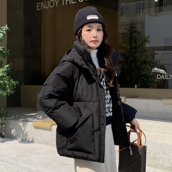 Зимно дебело топло пухено памучно яке Дамско яке с качулка Пуфър яке с дълъг ръкав и плътни джобове Ватирано корейско палто Парки