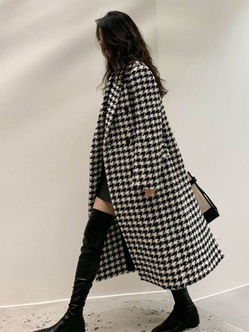 Γυναικείο παλτό Houndstooth Vintage παλτό από ψεύτικο μαλλί Γυναικείο φθινοπωρινό Χειμώνα χοντρό ζεστό μπουφάν Γυναικεία κορεατικά παλτό με μακρύ μείγμα