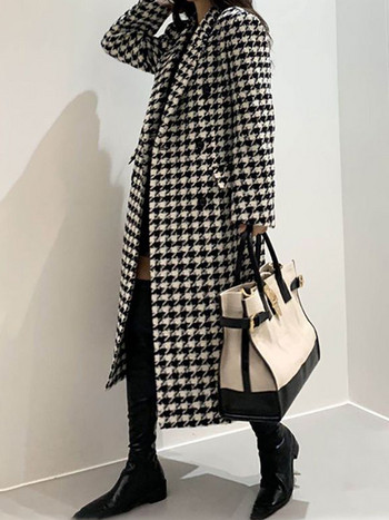 Γυναικείο παλτό Houndstooth Vintage παλτό από ψεύτικο μαλλί Γυναικείο φθινοπωρινό Χειμώνα χοντρό ζεστό μπουφάν Γυναικεία κορεατικά παλτό με μακρύ μείγμα