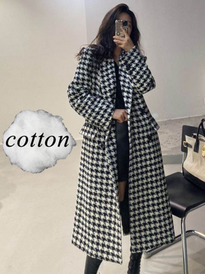 Kaput s houndstootom Ženski vintage kaput od umjetne vune Ženski jesenski zimski debela topla jakna Ženske korejske modne duge mješavine kaputa