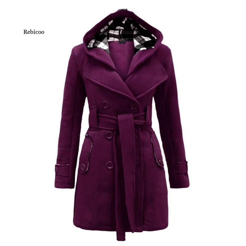Sügis- ja talvine kapuutsiga naiste villane mantel soe fliisjakk vööga kaherealine XL kontoris slim fit jakk