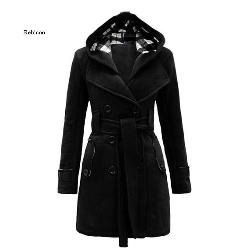 Sügis- ja talvine kapuutsiga naiste villane mantel soe fliisjakk vööga kaherealine XL kontoris slim fit jakk