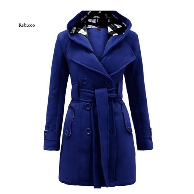 Sügis- ja talvine kapuutsiga naiste villane mantel soe fliisjakk vööga kaherealine XL kontoris slim fit jakk