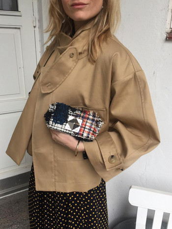 Яке с плътна ветровка с джоб Есенно модно елегантно дамско връхно облекло с дълъг ръкав Ретро дизайнерски дамски къси якета