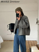 Modes sieviešu mētelis, 2023. gada ziemas mākslīgās vilnas mētelis ar garām piedurknēm, biezs sieviešu jaciņš, elegants ar vienu pogu Premium pelēka silta sieviešu jaka