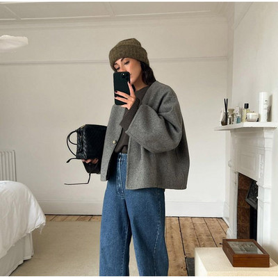 Modes sieviešu mētelis, 2023. gada ziemas mākslīgās vilnas mētelis ar garām piedurknēm, biezs sieviešu jaciņš, elegants ar vienu pogu Premium pelēka silta sieviešu jaka