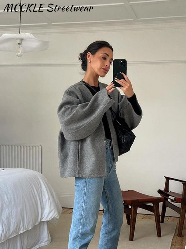 Modes sieviešu mētelis, 2023. gada ziemas mākslīgās vilnas mētelis ar garām piedurknēm, biezs sieviešu jaciņš, elegants ar vienu pogu Premium pelēka silta sieviešu jaka