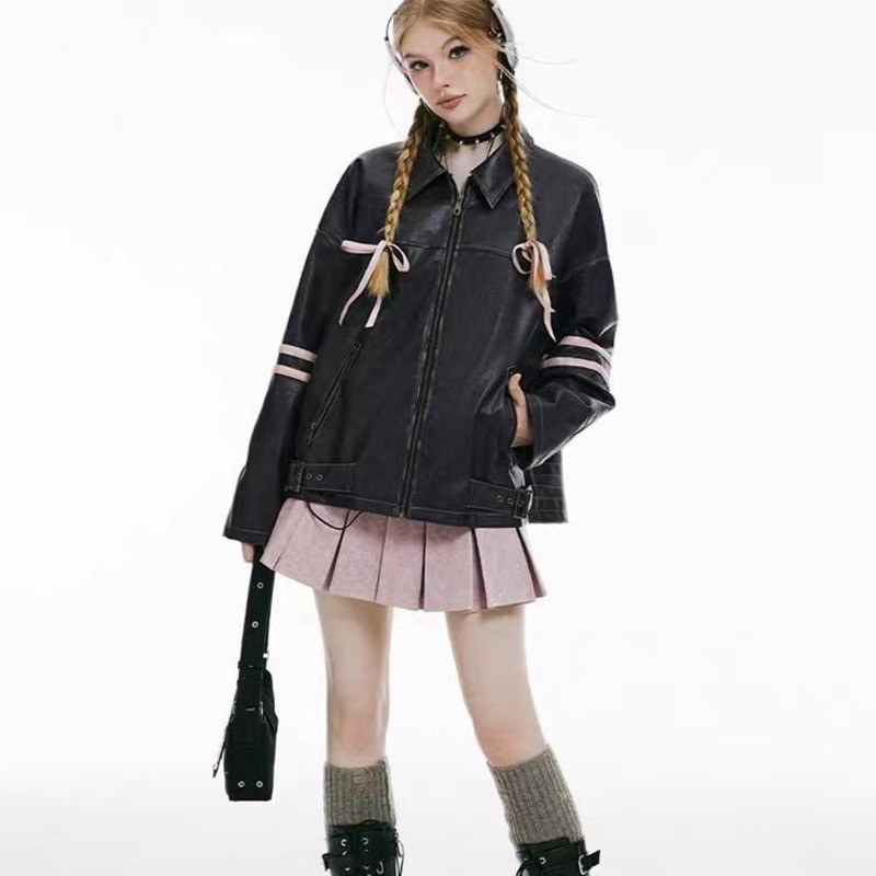 Nova Y2k motociklistička PU kožna jakna Ženska jesenska modna polo-ovratnica s patentnim zatvaračem Slatko cool osobna ulična starinska prevelika jakna
