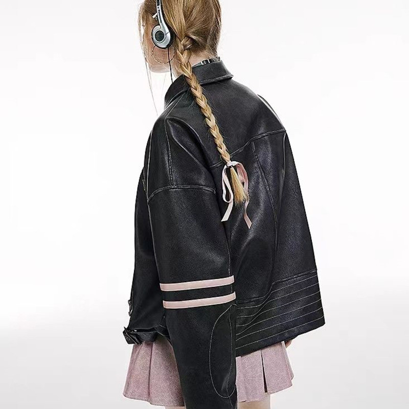 Nova Y2k motociklistička PU kožna jakna Ženska jesenska modna polo-ovratnica s patentnim zatvaračem Slatko cool osobna ulična starinska prevelika jakna