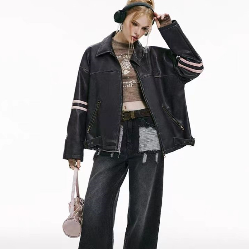 Nova Y2k motociklistička PU kožna jakna Ženska jesenska modna polo-ovratnica s patentnim zatvaračem Slatko cool osobna ulična starinska prevelika jakna