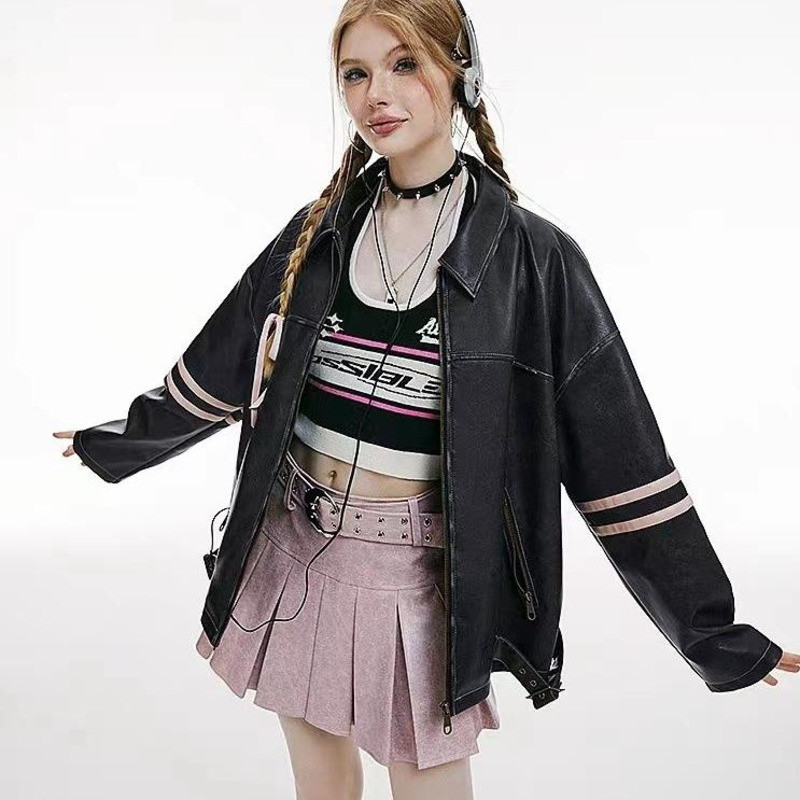 Nova Y2k motociklistička PU kožna jakna Ženska jesenska modna polo-ovratnica s patentnim zatvaračem Slatko cool osobna ulična starinska prevelika jakna