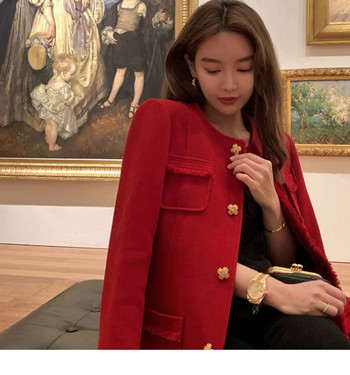 2023 Нова дамска мода Винтидж вълнено яке от туид Палто Дамско есенно едноредно палто Офис дамско едноцветно връхно облекло