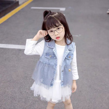 Дънкова жилетка за момичета Пролет Есен Бебешка детска жилетка Корейски стил Малка и средна детска жилетка Тънка жилетка
