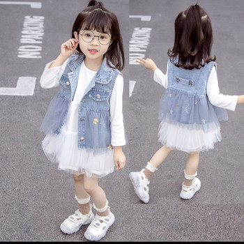 Дънкова жилетка за момичета Пролет Есен Бебешка детска жилетка Корейски стил Малка и средна детска жилетка Тънка жилетка