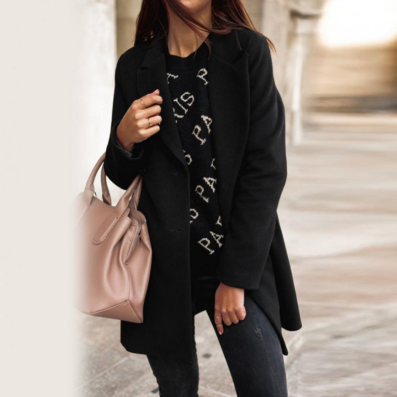 Elegantiški vidutinio ilgio vilnoniai paltai Rudens ir Žiemos vilnos striukė Atvartas Dvigubos sagos Moteriškos striukės Korėjos viršutiniai drabužiai Trench