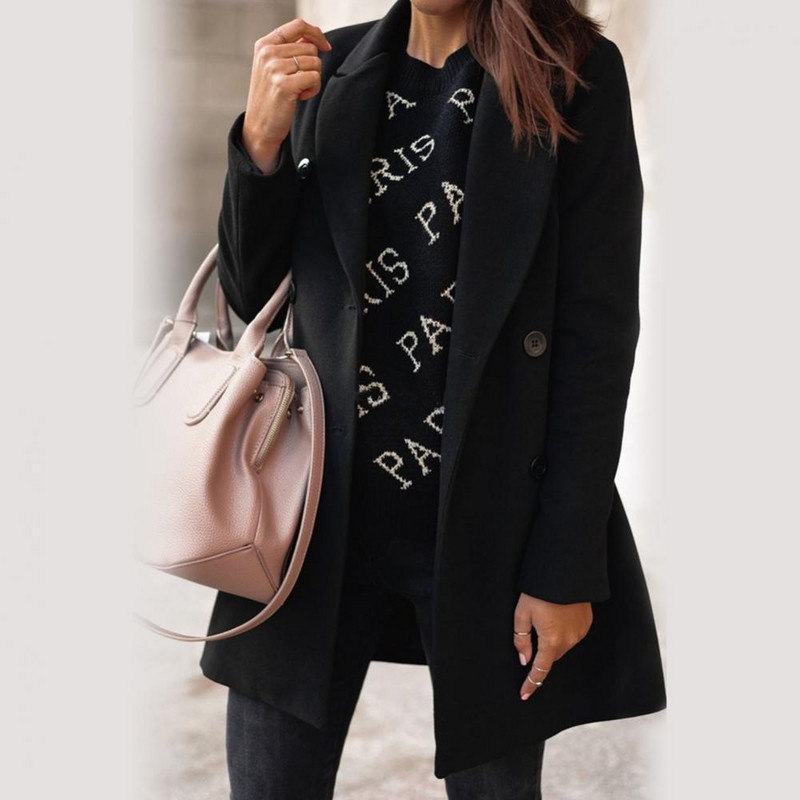 Elegantiški vidutinio ilgio vilnoniai paltai Rudens ir Žiemos vilnos striukė Atvartas Dvigubos sagos Moteriškos striukės Korėjos viršutiniai drabužiai Trench