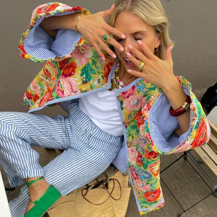 2024 Jesen Zima Ležerna ulična odjeća Ženska debela topla pamučna jakna s otisnutim cvjetovima Modna elegantna spojena ženska jakna dugih rukava