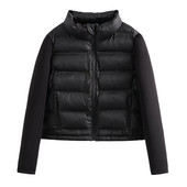 Moda de toamnă pentru femei Jachete negre scurte din bumbac, cu fermoar, mozaic, cu mânecă lungă, îmbrăcăminte exterioară pentru femei