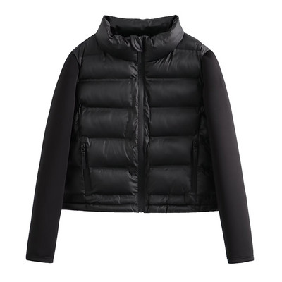 Moda de toamnă pentru femei Jachete negre scurte din bumbac, cu fermoar, mozaic, cu mânecă lungă, îmbrăcăminte exterioară pentru femei