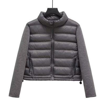 Moda de toamnă pentru femei Jachete negre scurte din bumbac, cu fermoar, mozaic, cu mânecă lungă, îmbrăcăminte exterioară pentru femei