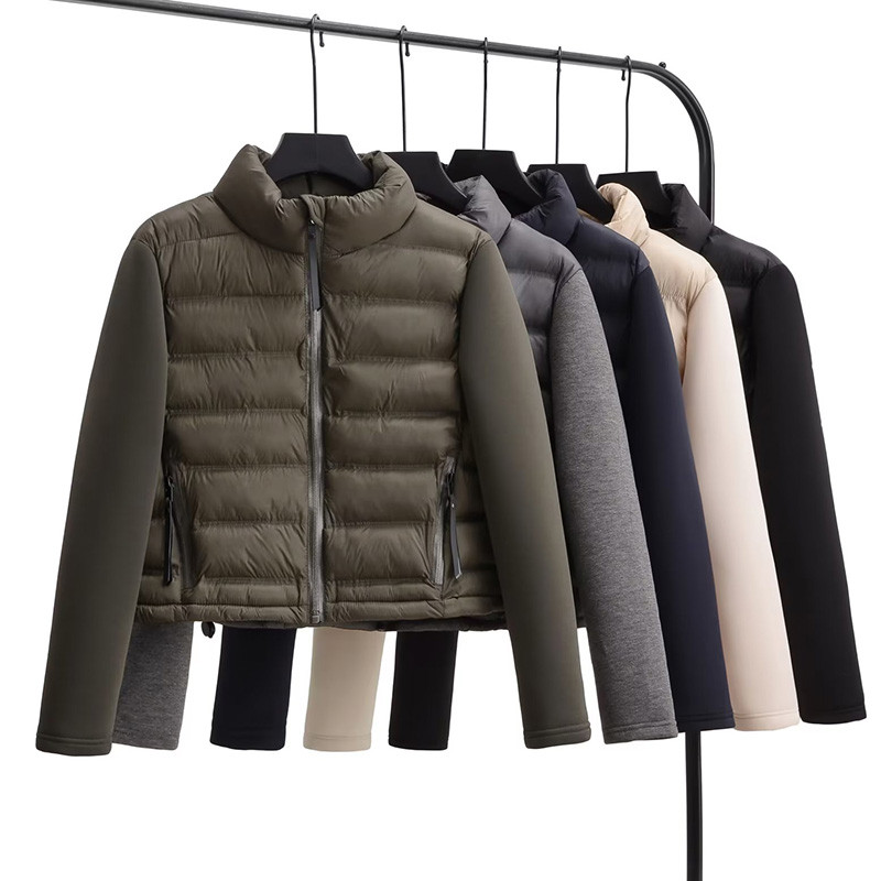 Moda de toamnă pentru femei Jachete negre scurte din bumbac, cu fermoar, mozaic, cu mânecă lungă, îmbrăcăminte exterioară pentru femei