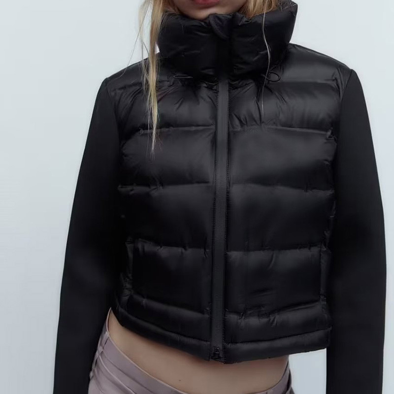 Moda de toamnă pentru femei Jachete negre scurte din bumbac, cu fermoar, mozaic, cu mânecă lungă, îmbrăcăminte exterioară pentru femei