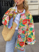 TRAF FANS Vintage ženski opušteni pamučni kaput s cvjetnim printom 2023. Zimska jakna dugih rukava s bočnim džepovima Podstavljena jakna Ženska gornja jakna