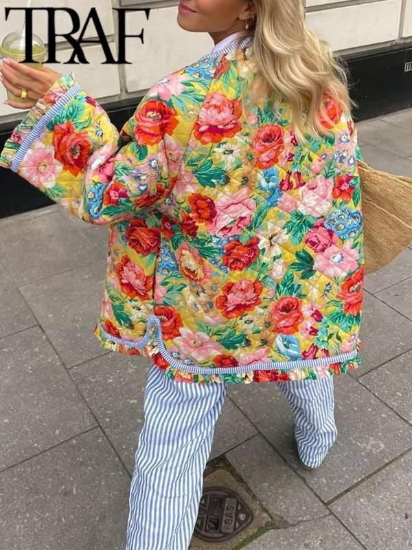 TRAF FANS Vintage ženski opušteni pamučni kaput s cvjetnim printom 2023. Zimska jakna dugih rukava s bočnim džepovima Podstavljena jakna Ženska gornja jakna