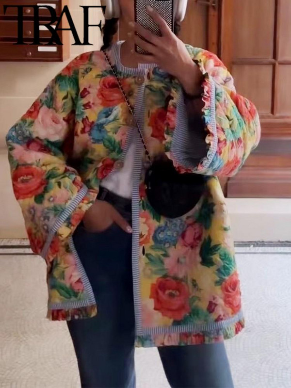 TRAF FANS Vintage ženski opušteni pamučni kaput s cvjetnim printom 2023. Zimska jakna dugih rukava s bočnim džepovima Podstavljena jakna Ženska gornja jakna