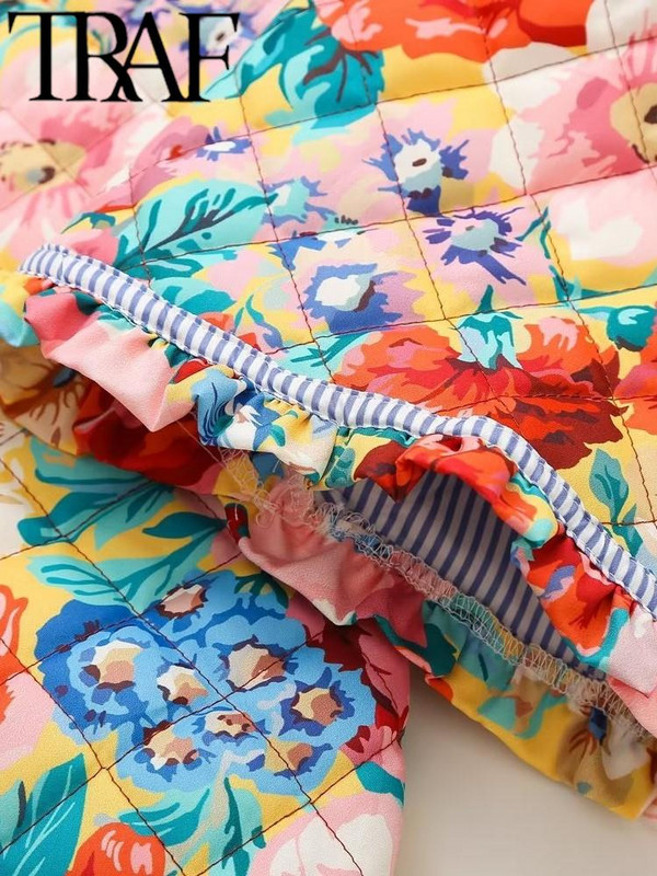 TRAF FANS Vintage ženski opušteni pamučni kaput s cvjetnim printom 2023. Zimska jakna dugih rukava s bočnim džepovima Podstavljena jakna Ženska gornja jakna