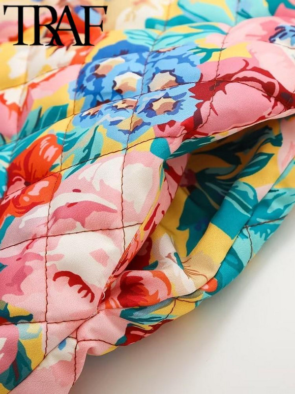 TRAF FANS Vintage ženski opušteni pamučni kaput s cvjetnim printom 2023. Zimska jakna dugih rukava s bočnim džepovima Podstavljena jakna Ženska gornja jakna