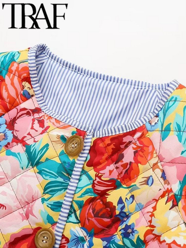 TRAF FANS Vintage ženski opušteni pamučni kaput s cvjetnim printom 2023. Zimska jakna dugih rukava s bočnim džepovima Podstavljena jakna Ženska gornja jakna