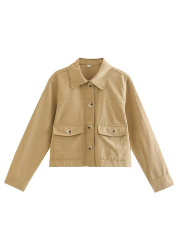 Y2K Къси бомбър якета в цвят каки 2023 Есенна мода Дамски ретро джобове Тоалети Улично Дамско шикозно палто Сладко