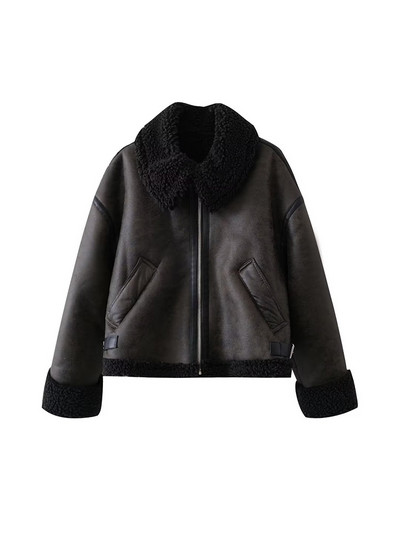 Vilnos moteriškos storos šiltos dirbtinės odos striukės 2023 m. rudens-žiemos mados moteriškos tamsiai žalios striukės Gatvės drabužiai Moteriški viršutiniai drabužiai