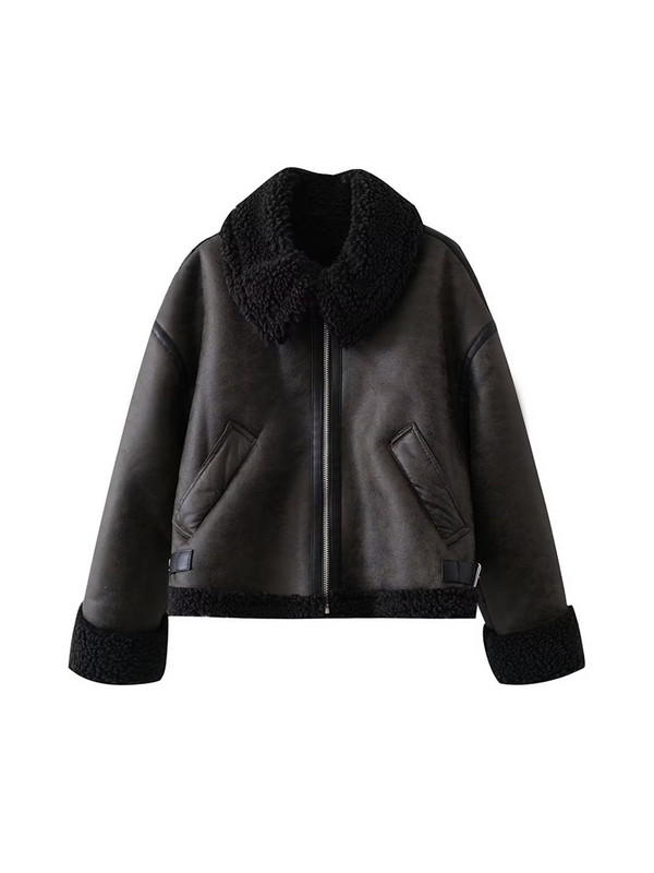 Vilnos moteriškos storos šiltos dirbtinės odos striukės 2023 m. rudens-žiemos mados moteriškos tamsiai žalios striukės Gatvės drabužiai Moteriški viršutiniai drabužiai