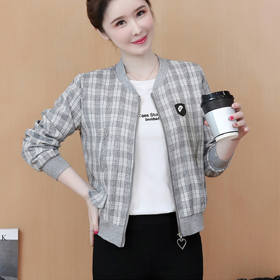 Jachetă bomber de baseball în carouri de toamnă coreeană 2022 pentru femei, la modă de birou, cu mâneci lungi, jachete scurte vintage, paltoane pentru femeie, pardesiu nou