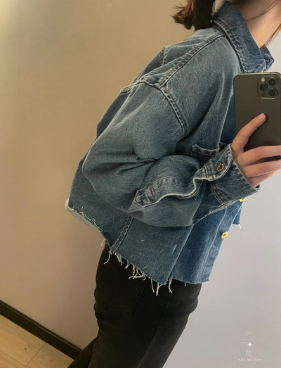 Jachetă Imprimată Litere 23 Vară Nouă Fermoar Rever Manecă Lungă Scurtă Jachetă Denim Spălată Femei