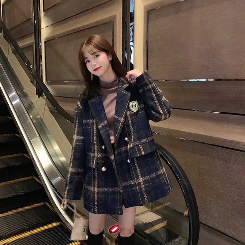 Debeli mačji kaput velike veličine Zimski vuneni kaput Ženski dugi karirani kaput s reverom s dvostrukim kopčanjem, moderan 2021.