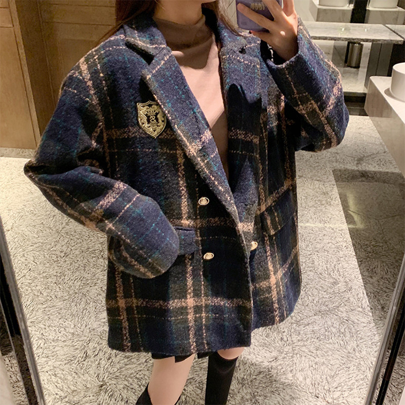 Debeli mačji kaput velike veličine Zimski vuneni kaput Ženski dugi karirani kaput s reverom s dvostrukim kopčanjem, moderan 2021.